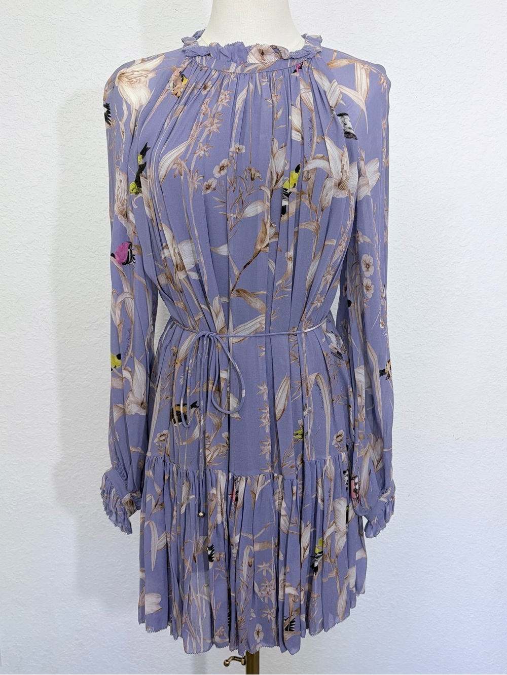 Banana Republic Lavender Floral bird print Long-Sleeve Tie Waist Dress